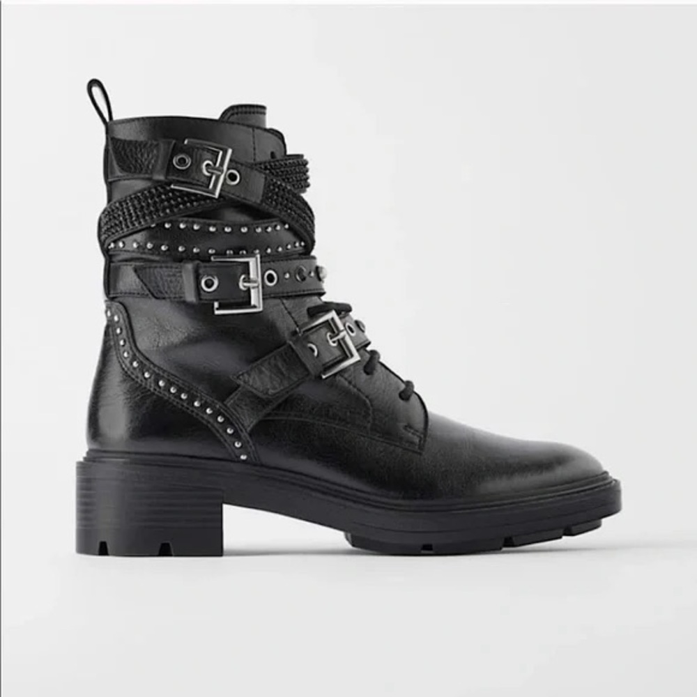 Zara Black Buckle, Pearl & Stud Combat Boots sz 38 like new